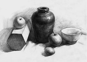 素描有石膏和深色罐子的組合