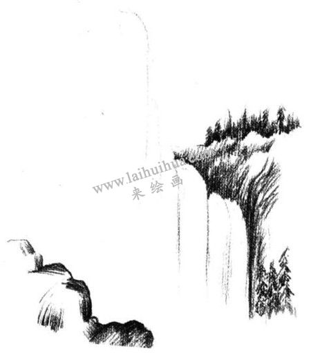 瀑布的素描方法步驟 二