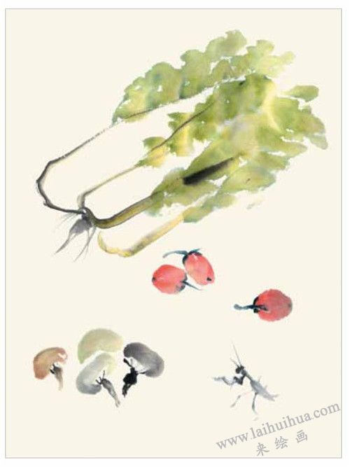 白菜和蘑菇的國(guó)畫畫法 三