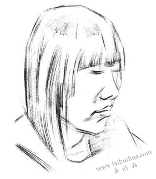 素描四分之三長(zhǎng)發(fā)女青年肖像的畫法步驟 二