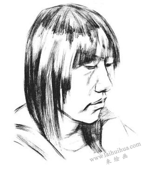素描四分之三長(zhǎng)發(fā)女青年肖像的畫法步驟 三