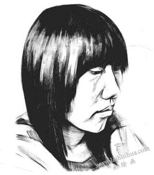 素描四分之三長(zhǎng)發(fā)女青年肖像的畫法步驟 五
