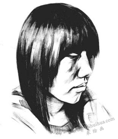 素描四分之三長(zhǎng)發(fā)女青年肖像的畫法步驟 六