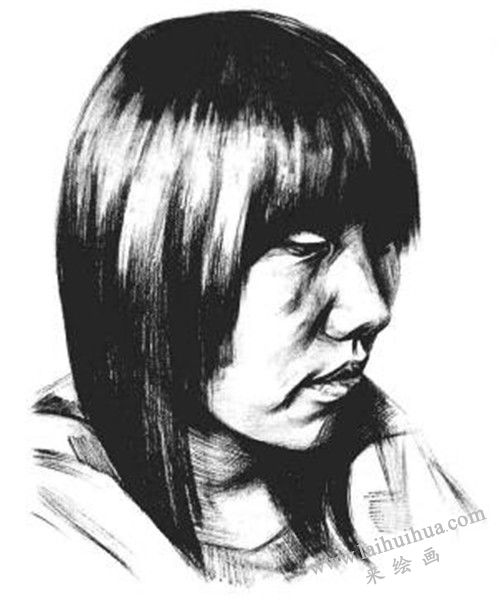 素描四分之三長(zhǎng)發(fā)女青年肖像的畫法步驟 七