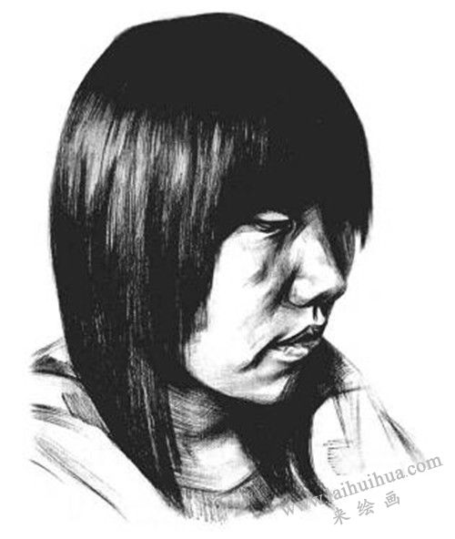 素描四分之三長(zhǎng)發(fā)女青年肖像的畫法步驟 八