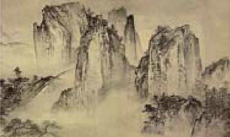 《溪山清遠圖》中山體構(gòu)圖斷筆，墨色暈染草率