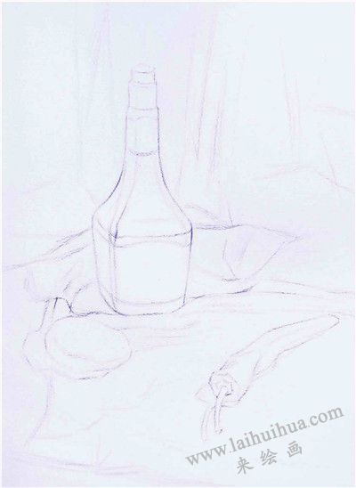 《醬油瓶與蔬菜》素描寫生步驟01