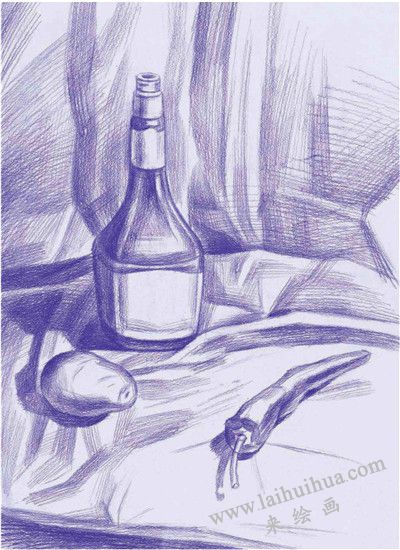 《醬油瓶與蔬菜》素描寫生步驟02