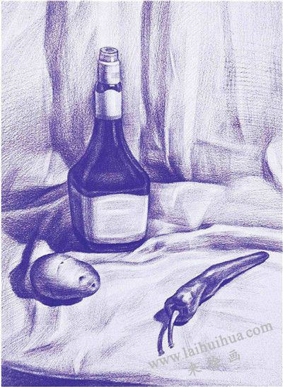 《醬油瓶與蔬菜》素描寫生步驟