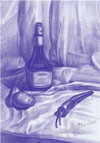 《醬油瓶與蔬菜》素描寫生步驟