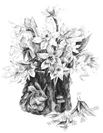 小盆栽木盆花卉素描畫(huà)法步驟14