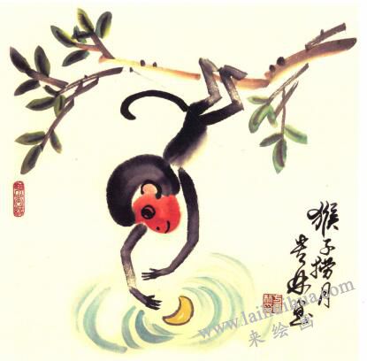 猴子撈月兒童水墨畫(huà)畫(huà)法步驟05