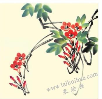 凌霄花兒童水墨畫畫法步驟04