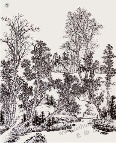 枯樹、點(diǎn)葉樹、夾葉樹構(gòu)圖與染法01