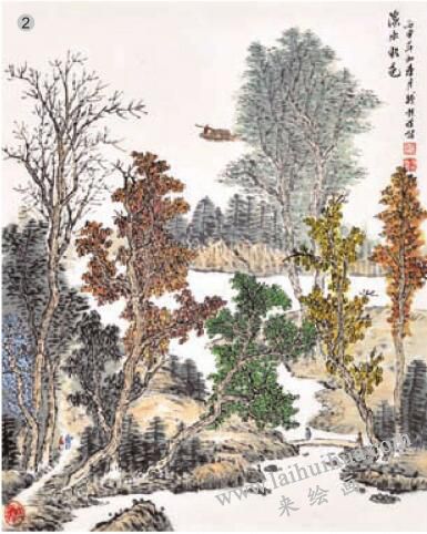 枯樹、點(diǎn)葉樹、夾葉樹構(gòu)圖與染法02