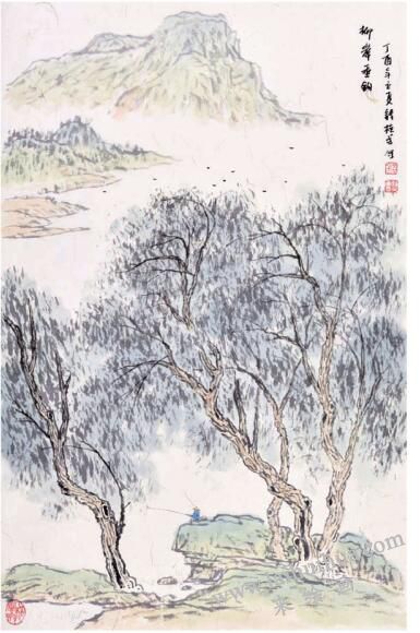 《柳岸垂釣》柳樹畫法