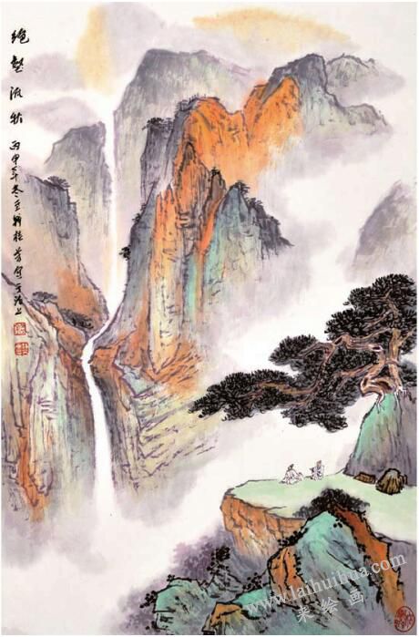 水墨、曙青重彩法《絕壑流秋》