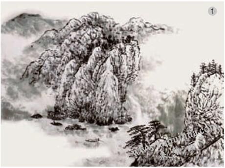《翠嶺炳云泊舟帆》罩染法畫法步驟01