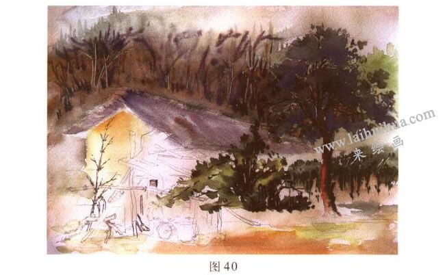 《林場(chǎng)小屋》風(fēng)景水彩畫的寫生步驟04