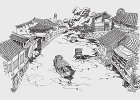 古鎮(zhèn)河道風景速寫的畫法步驟