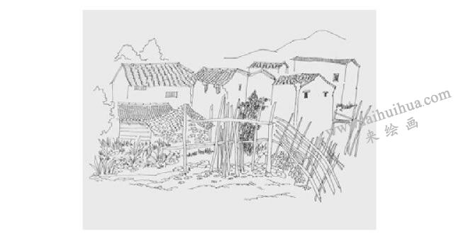 婺源小院風(fēng)景速寫畫法步驟03