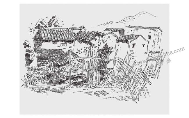 婺源小院風(fēng)景速寫畫法步驟04