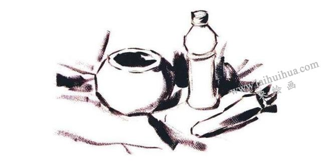 陶罐、飲料瓶和胡蘿卜組合水粉畫(huà)法步驟02