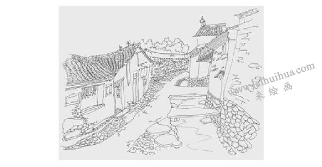 古鎮(zhèn)小巷風景速寫畫法步驟03