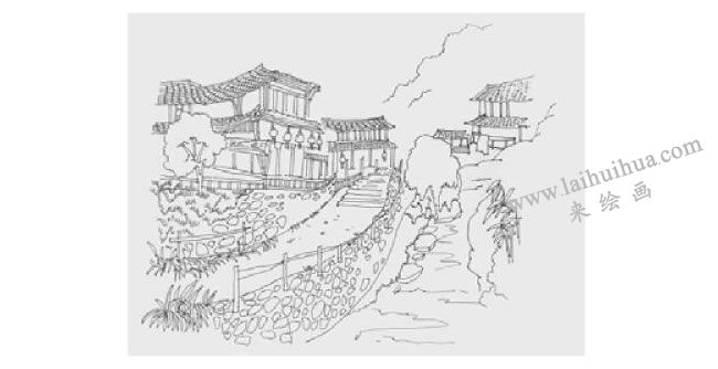 苗寨風(fēng)景速寫(xiě)畫(huà)法步驟03