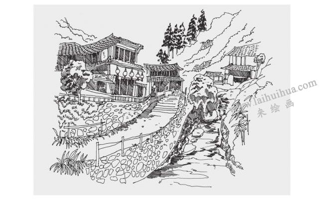 苗寨風(fēng)景速寫(xiě)畫(huà)法步驟04