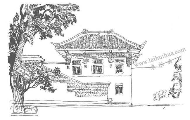《階梯在室外的建筑》鋼筆風(fēng)景速寫作畫步驟03