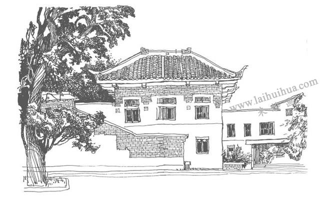 《階梯在室外的建筑》鋼筆風(fēng)景速寫作畫步驟04