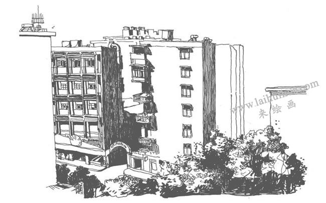 《灑滿陽(yáng)光的小區(qū)》鋼筆風(fēng)景速寫(xiě)作畫(huà)步驟04