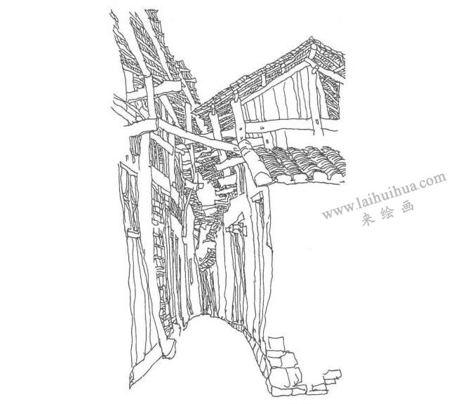 《寧廠鎮(zhèn)上的小街》鋼筆風景速寫作畫步驟04