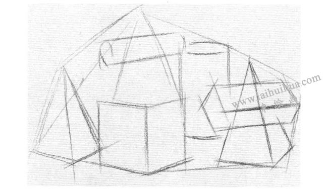 五個(gè)幾何體組合素描寫生作畫步驟02