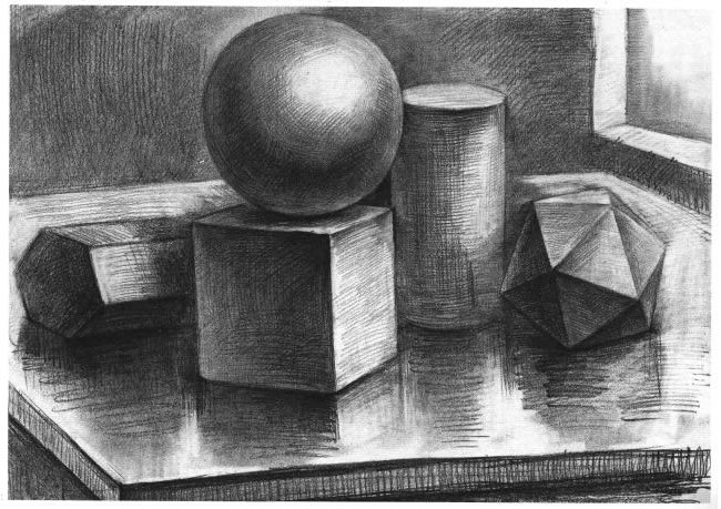 五個(gè)幾何體組合素描實(shí)例（二）