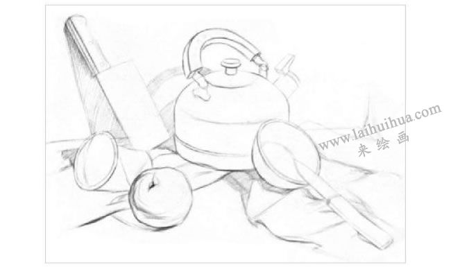 廚具與水果組合素描畫法步驟01