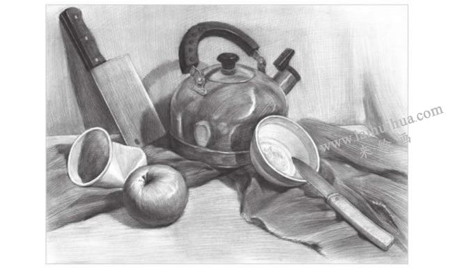 廚具與水果組合素描畫