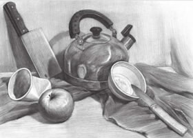 廚具與水果組合素描畫法