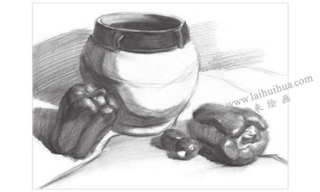 寬口陶罐與青椒組合素描畫法步驟02