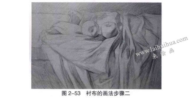 襯布類與水果組合復(fù)雜靜物素描畫法步驟02