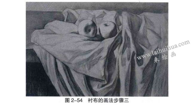 襯布類與水果組合復(fù)雜靜物素描畫法步驟03