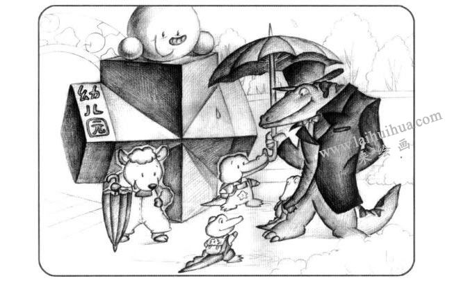 兩個(gè)長(zhǎng)方體組合兒童創(chuàng)意素描畫法步驟03