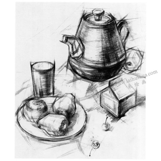 結(jié)構(gòu)素描的寫生步驟范例（電熱水壺、玻璃杯、瓷盤、水果）步驟二