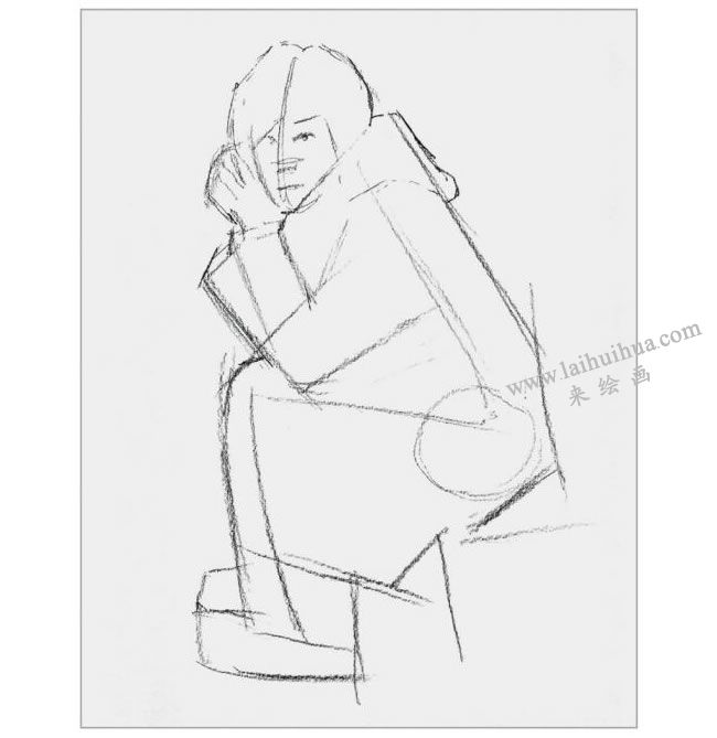 全側身蹲坐正視女青年的速寫繪畫步驟02
