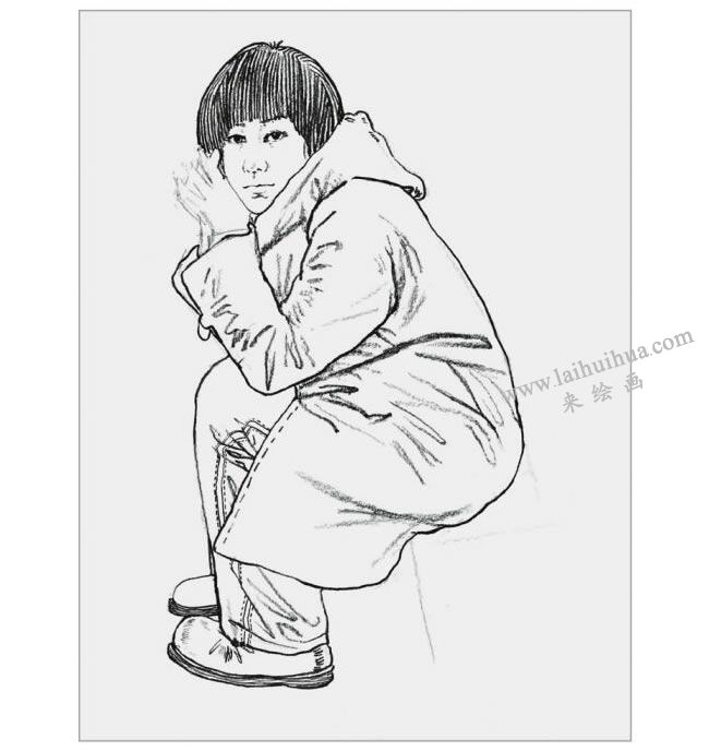 全側身蹲坐正視女青年的速寫繪畫步驟04