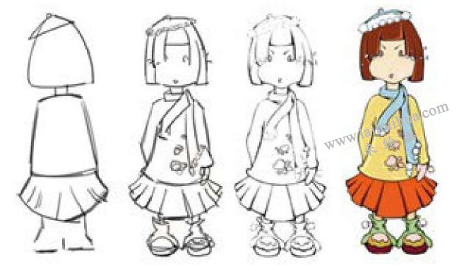 卡通女孩插畫步驟示意圖