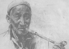 《抽旱煙的陜西老農》素描作品