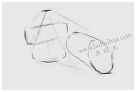 兩個幾何形體組合（圓柱體和穿插體）素描步驟圖示02