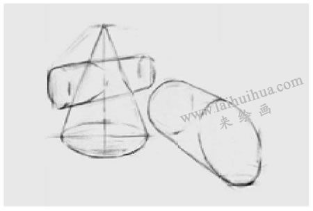 兩個幾何形體組合（圓柱體和穿插體）素描步驟圖示03